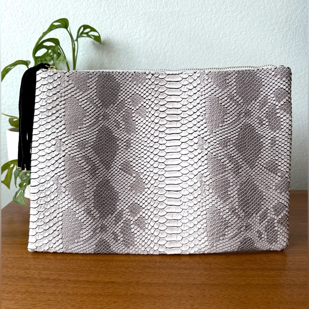 3AM Forever Chic Faux Snakeskin Large Clutch Gray White Black Suede Tassel